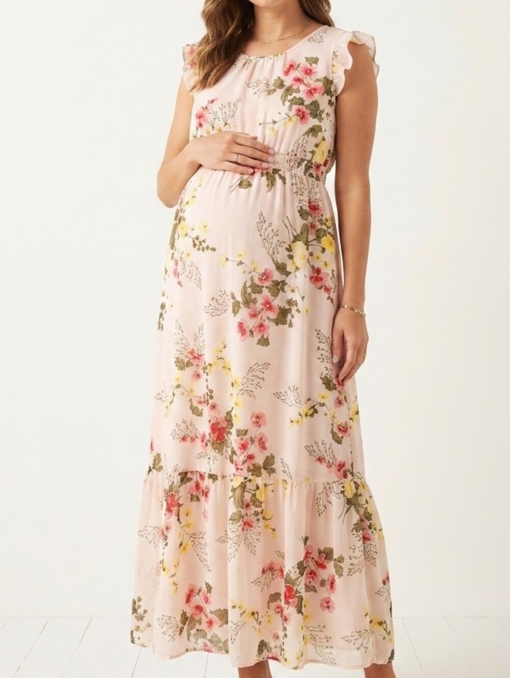 Isabel Maternity pink yellow green floral print flutter sleeve midi maxi dress M